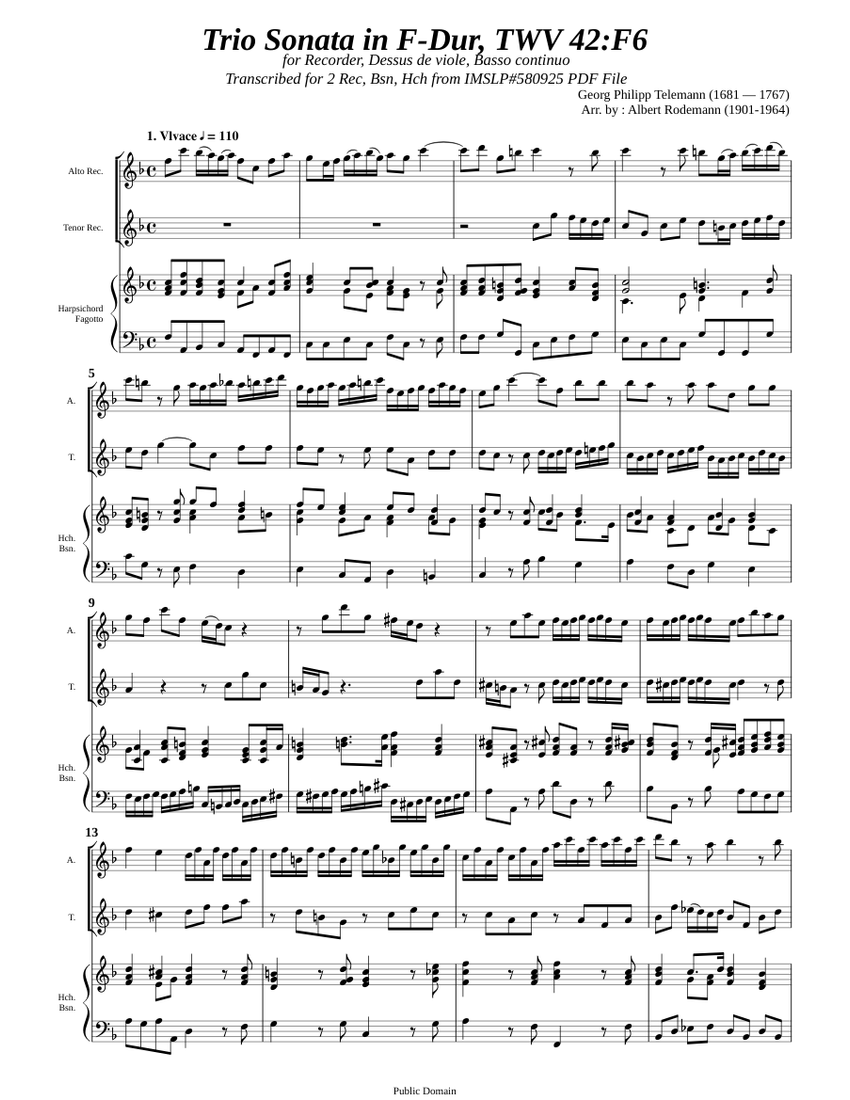Telemann, G.P. _ Trio Sonata FDur, TWV 42F6 Sheet music for