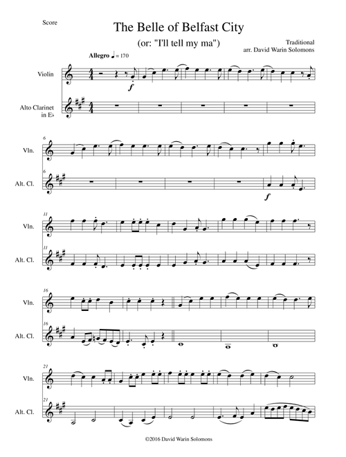 Belle of Belfast City (I'll tell my ma) for violin and alto clarinet (Arr. David Warin Solomons) - Traditional (Instrumental Duet)