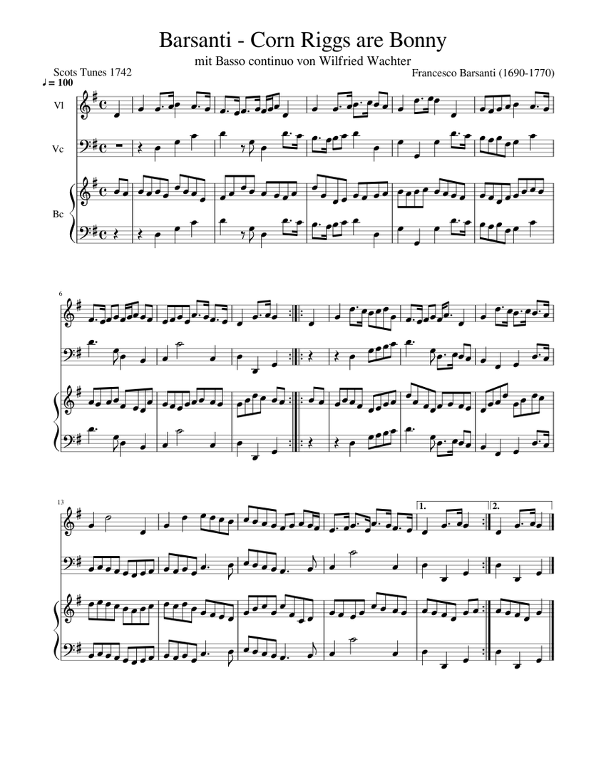 Corn Riggs Notes Barsanti - Corn Riggs are Bonny Sheet music for Harpsichord, Violin ...