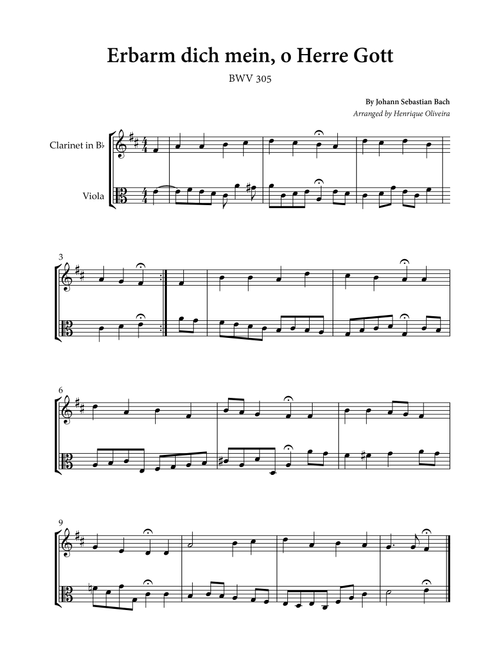 Erbarm dich mein, o Herre Gott (Clarinet and Viola) - Johann Sebastian Bach (Arr. Henrique Oliveira) (Instrumental Duet)