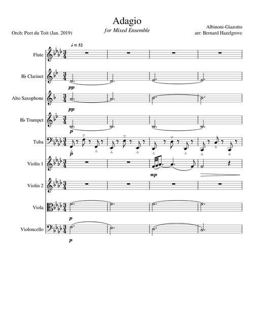 Adagio - Albinoni/Giazotto arr. B Hazelgrove (Mixed Ensemble)