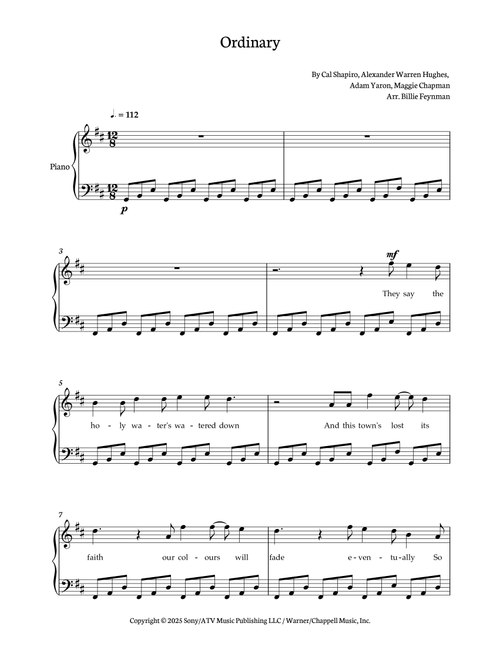 Ordinary (Arr. Billie Feynman) - Alex Warren (Piano Vocal)