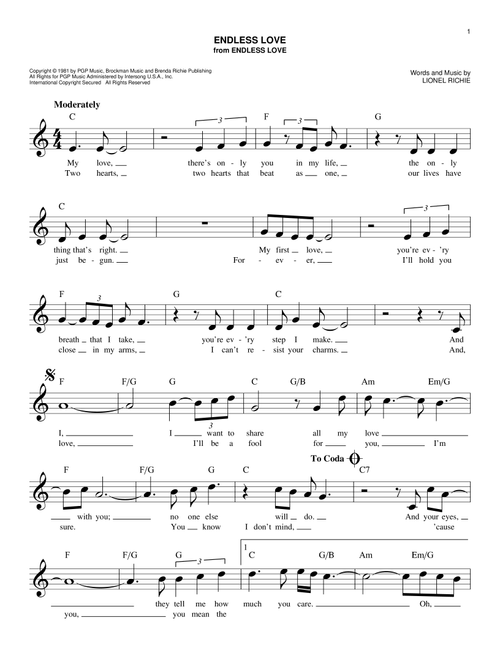 Endless Love - Diana Ross & Lionel Richie, Luther Vandross & Mariah Carey (Easy Lead Sheet - Fake Book)