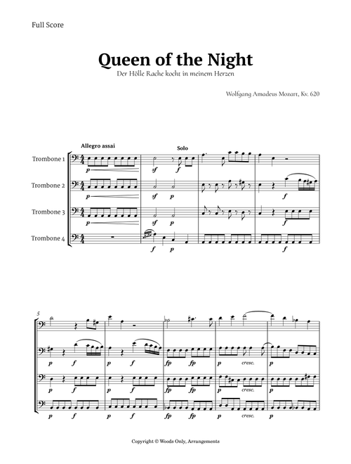 Queen of the Night Aria by Mozart for Trombone Quartet (Arr. Ander) (Brass Ensemble)