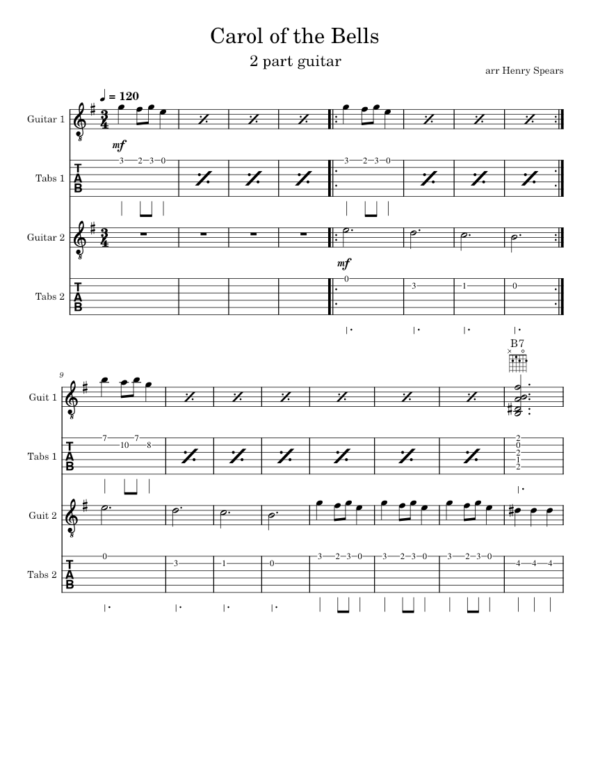 Carol of the Bells - Guitar Duet for Beginner/Intermediate Sheet Music ...