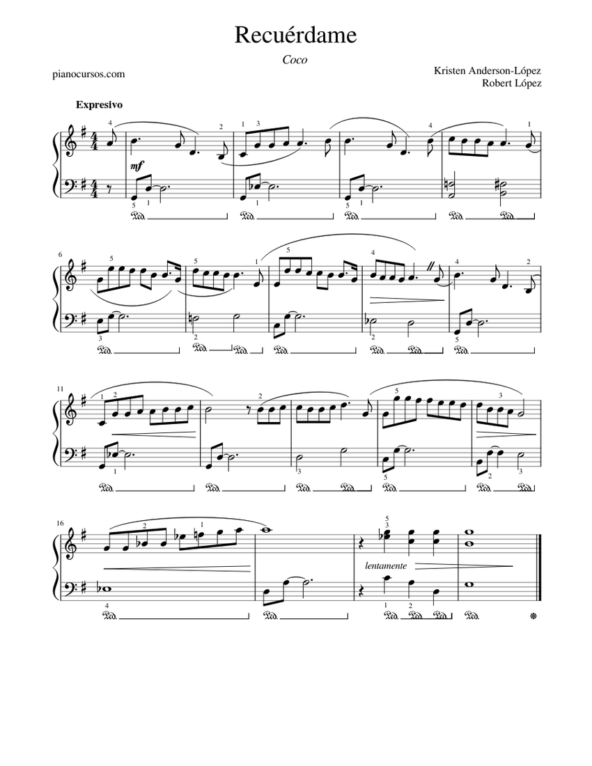 Recuérdame - Coco Sheet Music for Piano (Solo) easy | MuseScore.com