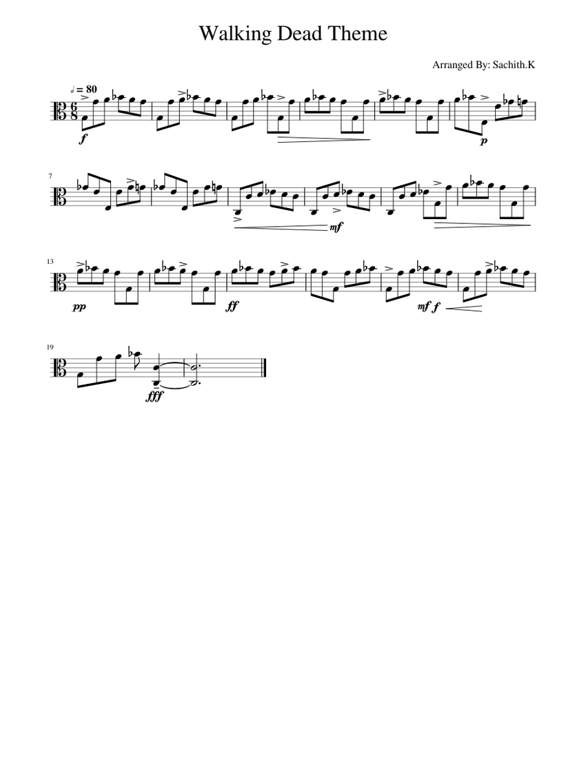 Walking Dead Theme Viola Arrangment Sheet music for Piano (Solo