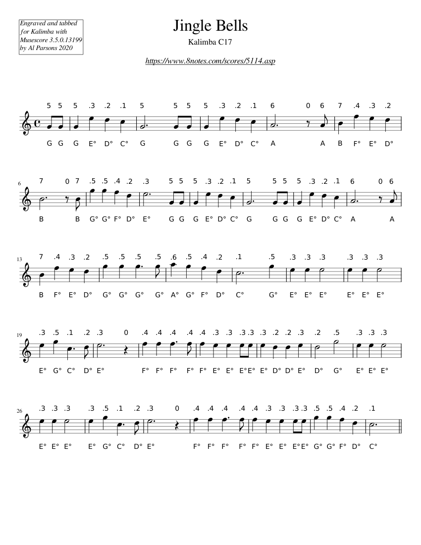 Jingle Bells Key Cmaj Kalimba C17 Sheet music for Kalimba (Solo