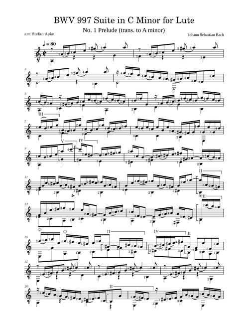 Suite in C Minor for Lute (transposed to A minor for guitar) - J.S. Bach - BWV 997