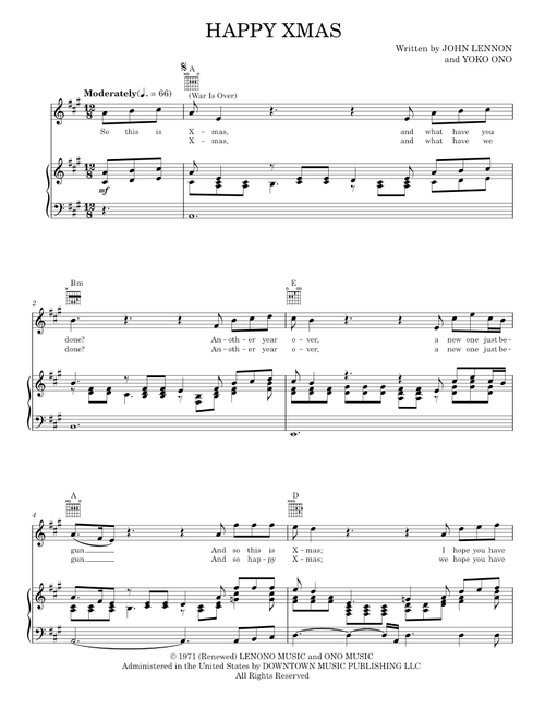 Happy Xmas (War Is Over) - John Lennon, Plastic Ono Band, Yoko Ono (Piano-Vocal-Guitar)