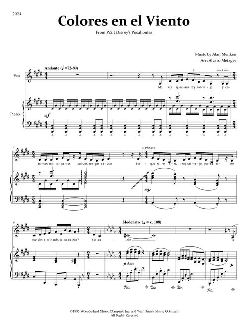 Colors Of The Wind (Arr. Alvaro Metzger) - Vanessa Williams (Piano-Vocal-Guitar (Piano Accompaniment))