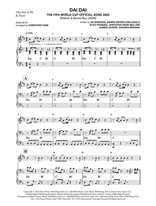 Dai Dai (Arr. Christoph Ohm) - Shakira & Burna Boy (Alto Sax and Piano)