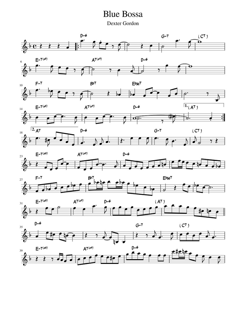 Blue bossa tnor sax Dexter gordon Sheet music for Saxophone tenor Solo Musescore
