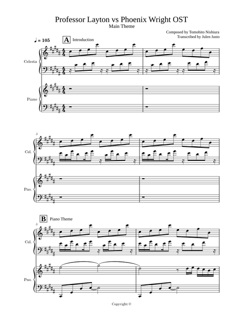 Professor Layton Vs Phoenix Wright - Main Theme – Tomohito Nishiura - Piano & Celesta Simplified Arrangement