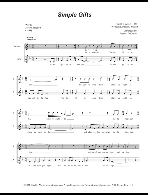 Simple Gifts (Duet for Soprano and Alto solo) (Arr. Stephen DeCesare) - Joseph Brackett Wolfgang Amadeus Mozart (Voice Duet and Piano)