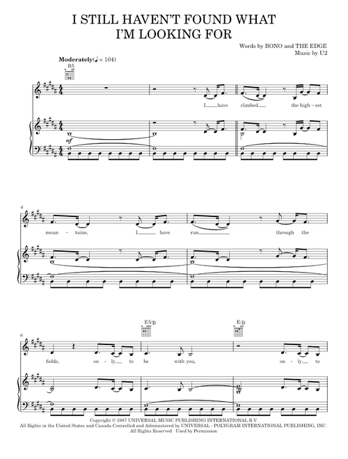 I Still Haven't Found What I'm Looking For - U2 (Piano-Vocal-Guitar)