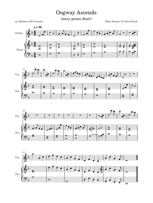 Oogway Ascends - Hans Zimmer - violin & piano easy duet