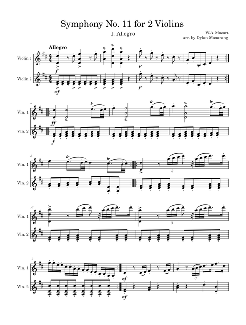 Symphony No.11 in D major, K.84/73q – Wolfgang Amadeus Mozart Symphony No. 11 in D Major for 2 Violins - W.A. Mozart