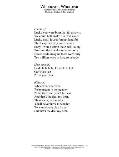 Whenever, Wherever - Shakira (Lyrics)