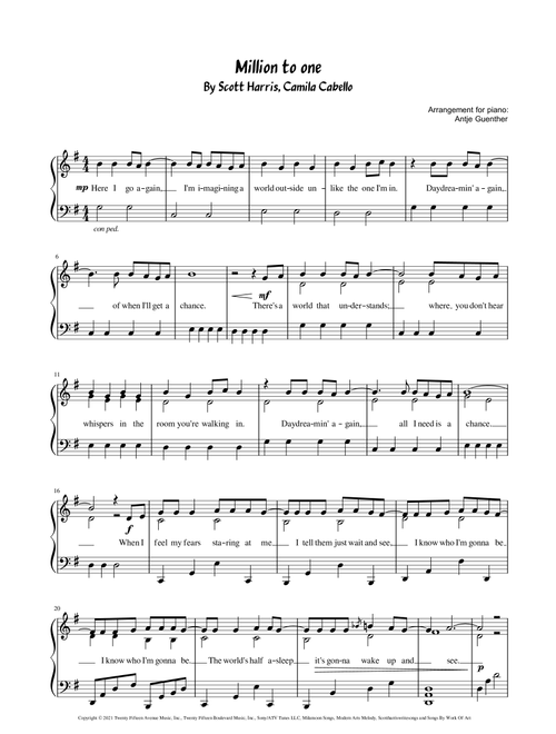 Million To One (Arr. Antje Günther) - Camila Cabello, Scott Harris (Easy Piano)