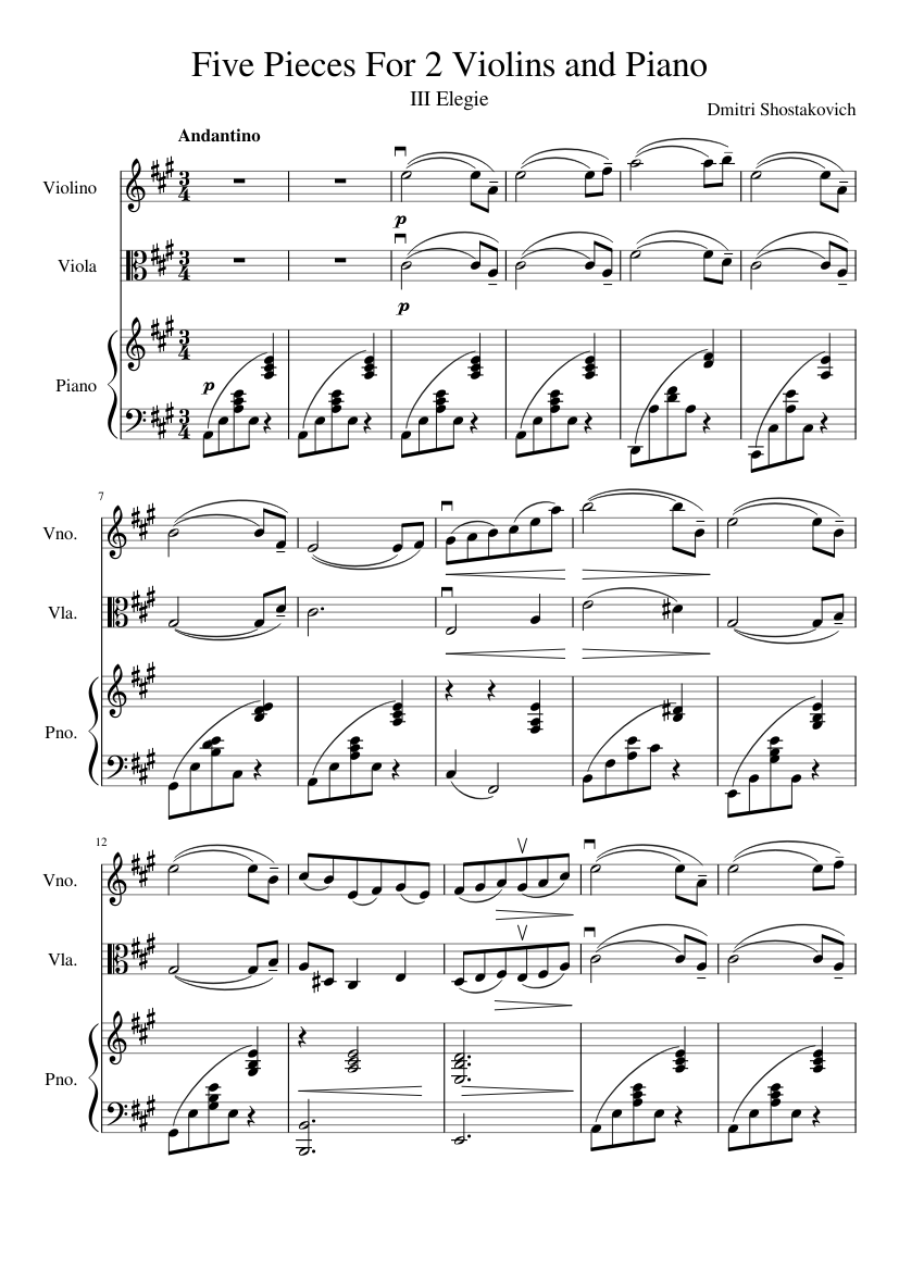 tempereret Diligence Bytte Five Pieces For 2 Violins and Piano - III Elegie Sheet music for Piano,  Violin, Viola (Mixed Trio) | Musescore.com