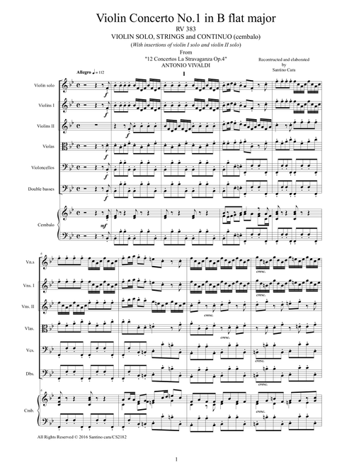 Vivaldi - Violin Concerto No.1 in B flat major Op.4 RV 383 for Violin solo, Strings and Continuo (Arr. Santino Cara) - Vivaldi Antonio (Chamber Orchestra)