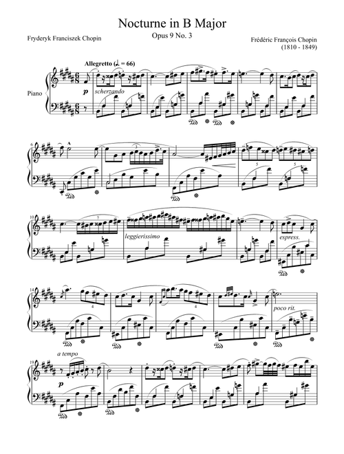 Nocturne Opus 9 No. 3 in B Major (Arr. Zachary Corbett) - Frederic Chopin (Piano Solo)