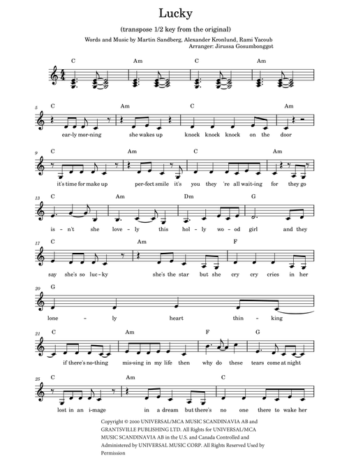 Lucky (Arr. Jirussa Gosumbonggot) - Britney Spears (Piano Vocal)