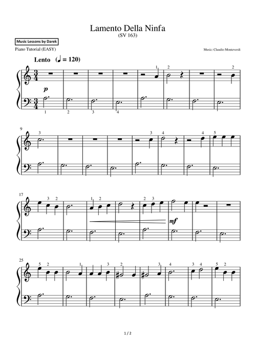 Lamento Della Ninfa (EASY PIANO) (SV 163) [Claudio Monteverdi] (Arr. Darek) (Easy Piano)