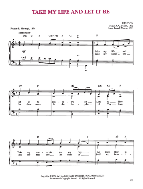 Take My Life And Let It Be - Louis JF Herold, Frances R Havergal, George Kingsley (Easy Piano)