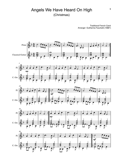 Angels We Have Heard On High Flute and Classical Guitar. (Arr. Guilherme Facchetti) - Johann Pachelbel (Instrumental Duet)