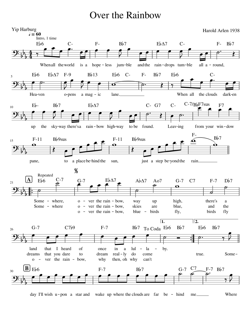 Over the Rainbow Sheet Music with Chords for Trombone (Solo