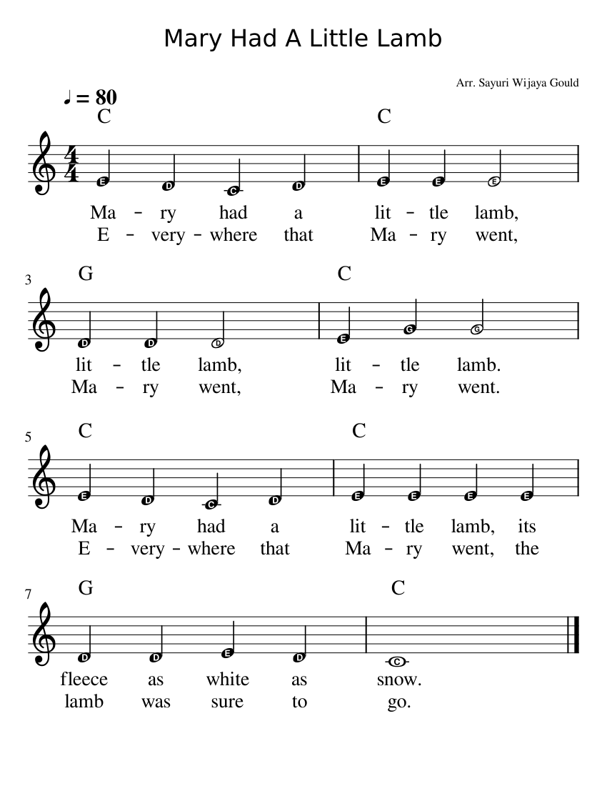 Mary Had A Little Lamb Lead Sheet Sheet Music with Chords for Piano — free download
