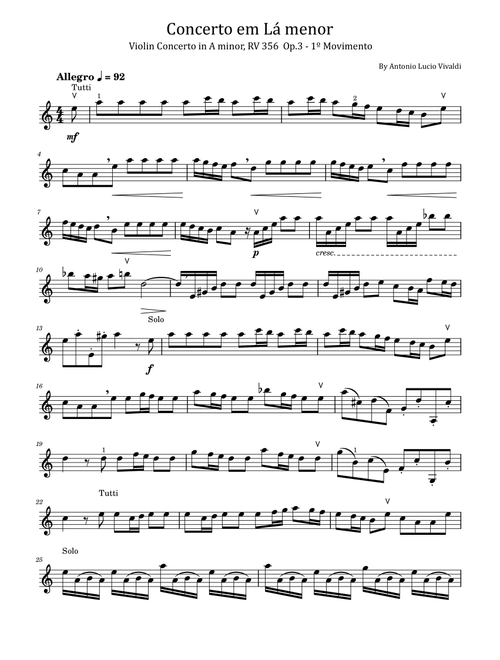 Violin Concerto in A minor, RV 356 Op.3 - For Solo - Concerto em Lá menor (Arr. poon) - Antonio Lucio Vivaldi (Violin Solo)