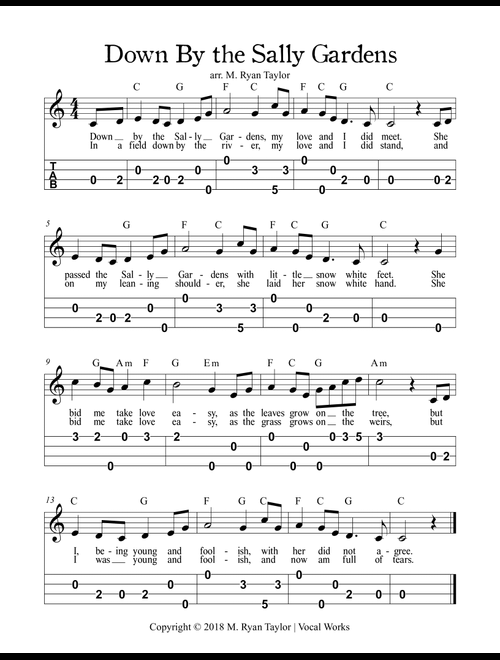 Down by the Sally Gardens : Easy Ukulele Tablature with Lead Sheet & Chords (Arr. M. Ryan Taylor) - Traditional (Instrumental Duet)