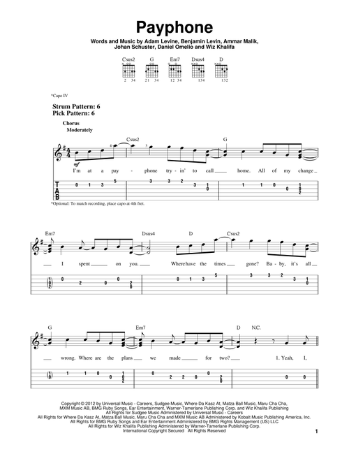 Payphone - Maroon 5, Wiz Khalifa, Maroon 5 featuring Wiz Khalifa (Easy Guitar with TAB)
