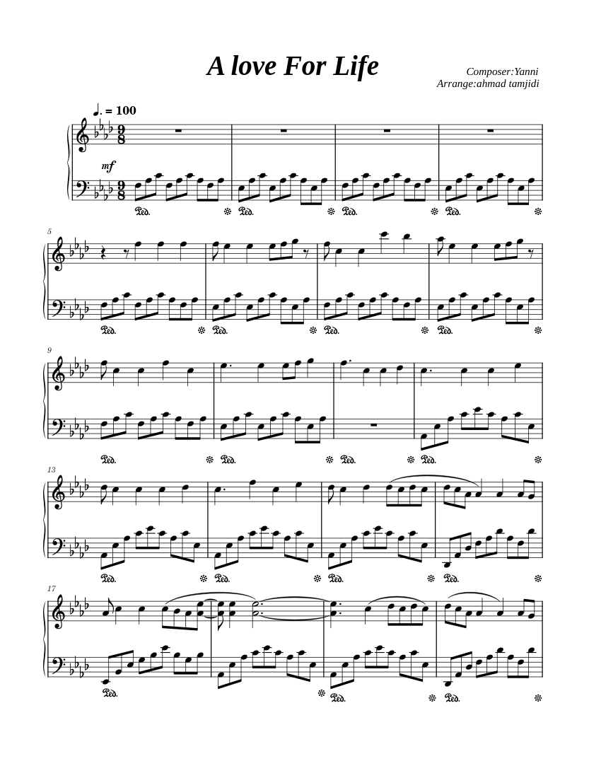 Yanni-A love For Life Sheet Music for Piano (Solo) easy