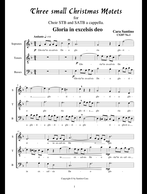 Three small Christmas motets for Choir STB and SATB a cappella - Santino Cara (Choral, SATB)