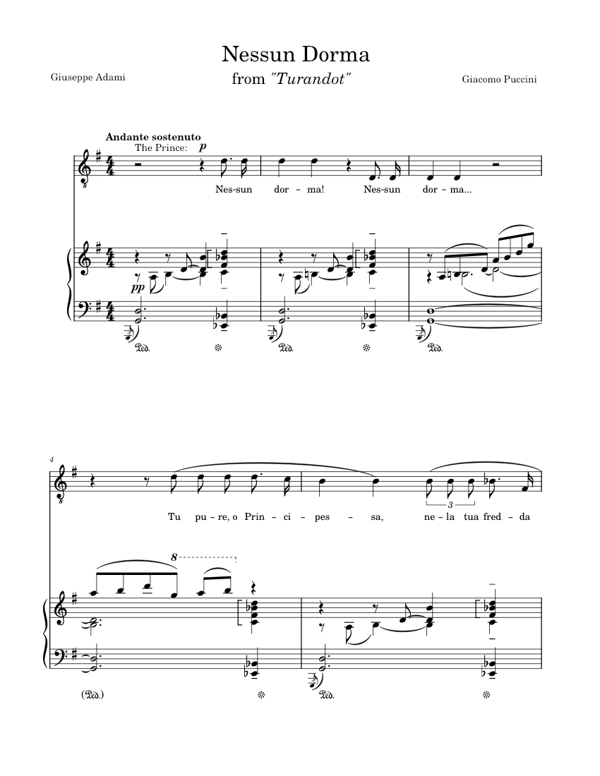 Nessun Dorma, From "Turandot" Sheet Music For Piano, Viola (Solo ...