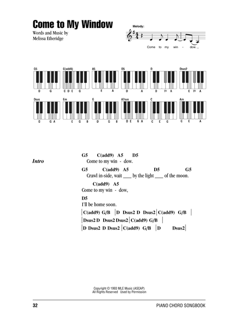 Come To My Window - Melissa Etheridge (Piano Chords-Lyrics)