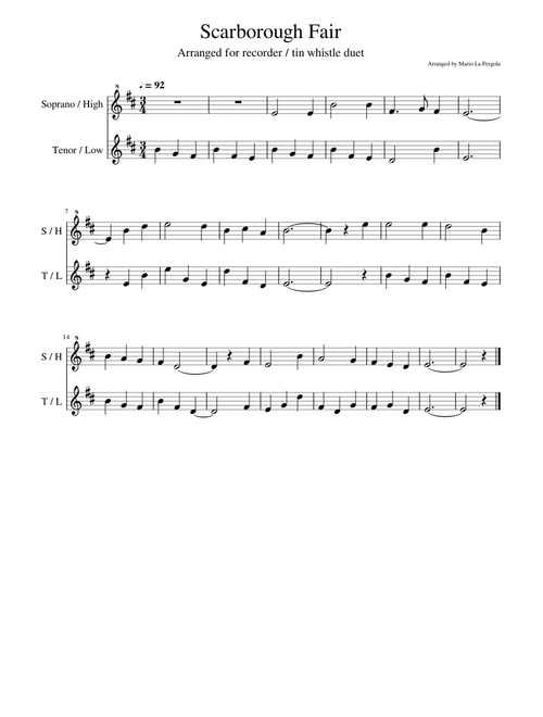 Scarborough Fair (Arranged for recorder / tin whistle duet)
