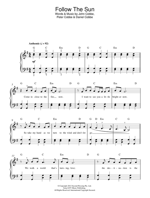 Follow The Sun - Evermore (Beginner Piano (Abridged))