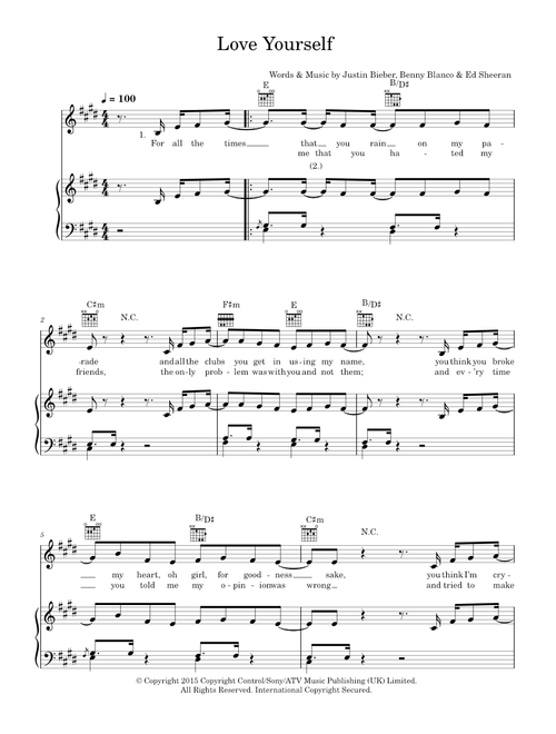 Love Yourself - Justin Bieber (Piano-Vocal-Guitar (Piano Accompaniment))