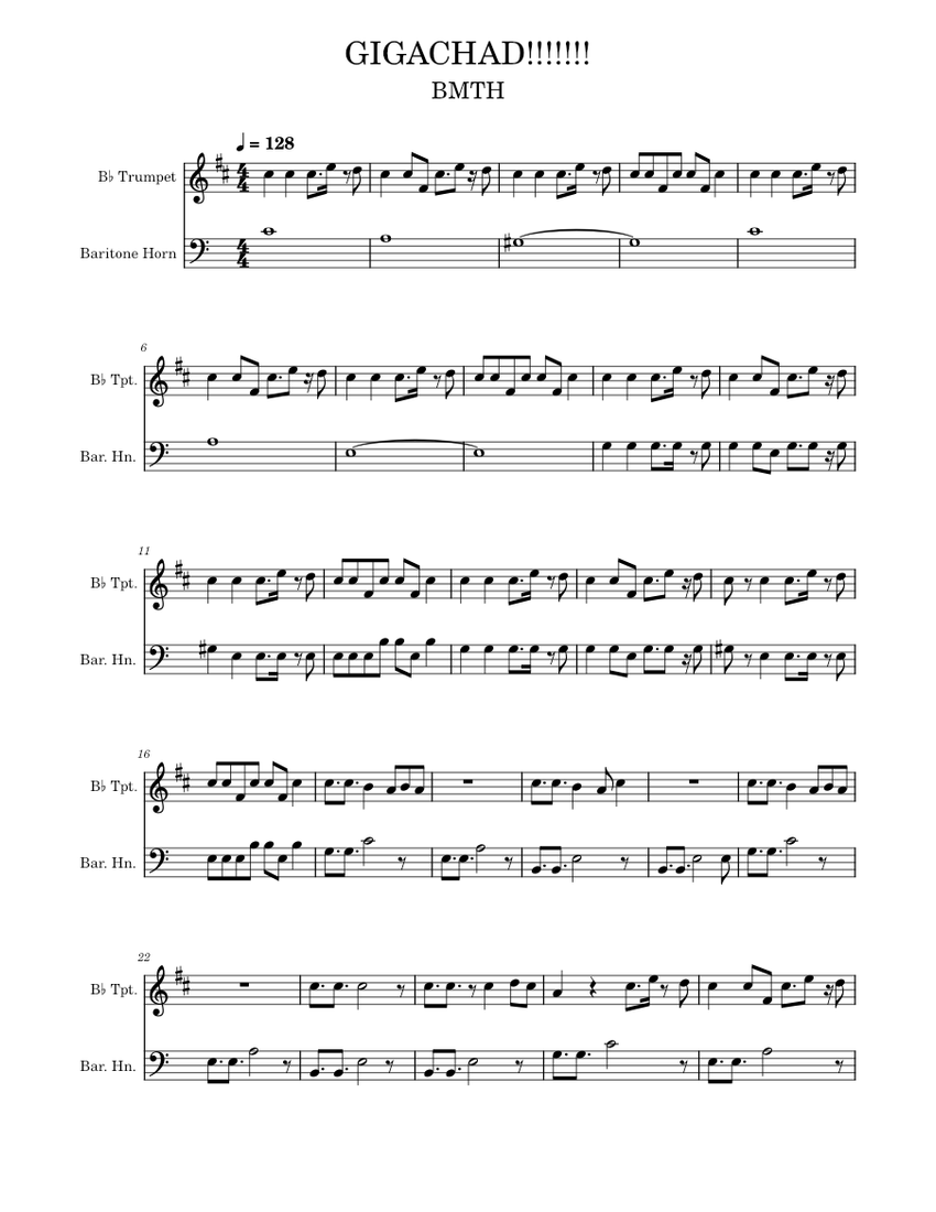 Gigachad sheet music for trumpet in b flat baritone horn brass duet