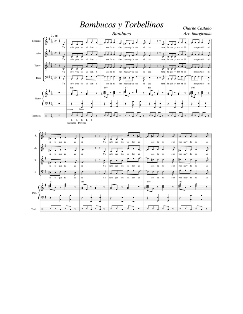Bambucos y Torbellinos (Bambuco) Sheet Music for Piano, Soprano, Alto ...