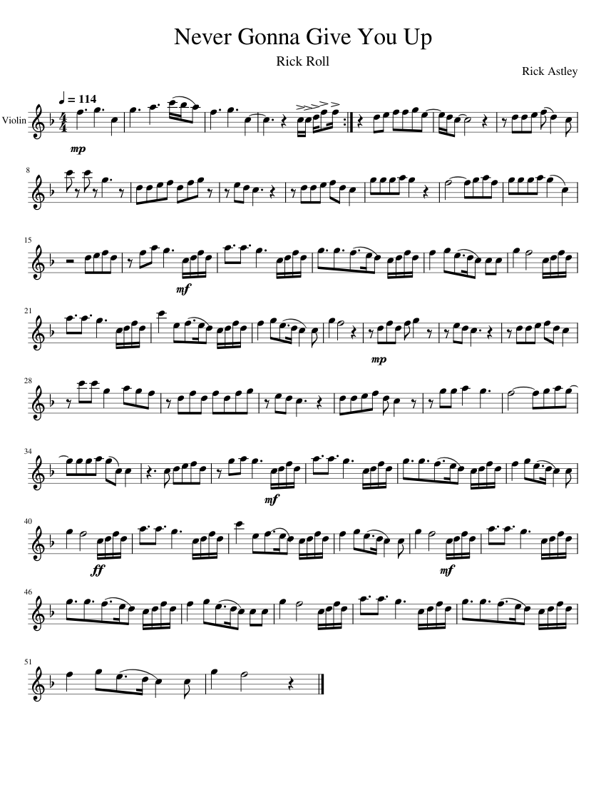 Never Gonna Give You Up - Rick Astley Sheet Music for Violin (Solo ...