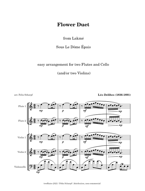 Delibes, Léo - Flower Duet from Lakmé - easy arr. for two Flutes and Cello