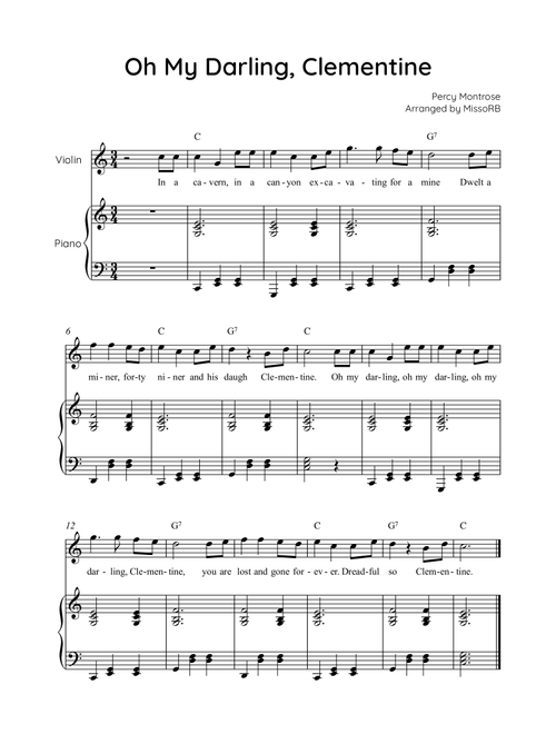 Oh My Darling, Clementine - Violin & Piano in C With Chords & Lyric - Easy (Arr. MissoRB) - Percy Montrose (Violin and Piano)