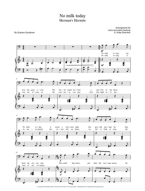 No Milk Today (Arr. S. Antje Guenther) - Herman's Hermits (Piano Vocal)