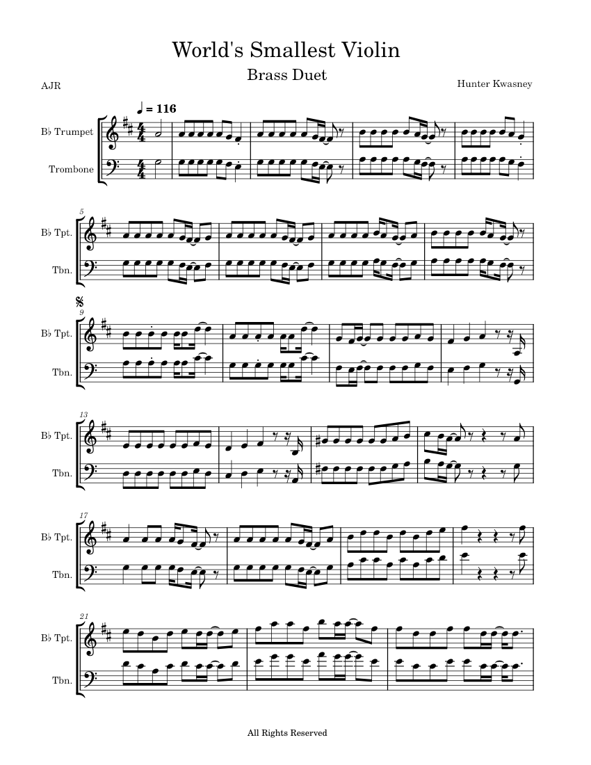 World's Smallest Violin Sheet Music for Trombone, Trumpet in b-flat